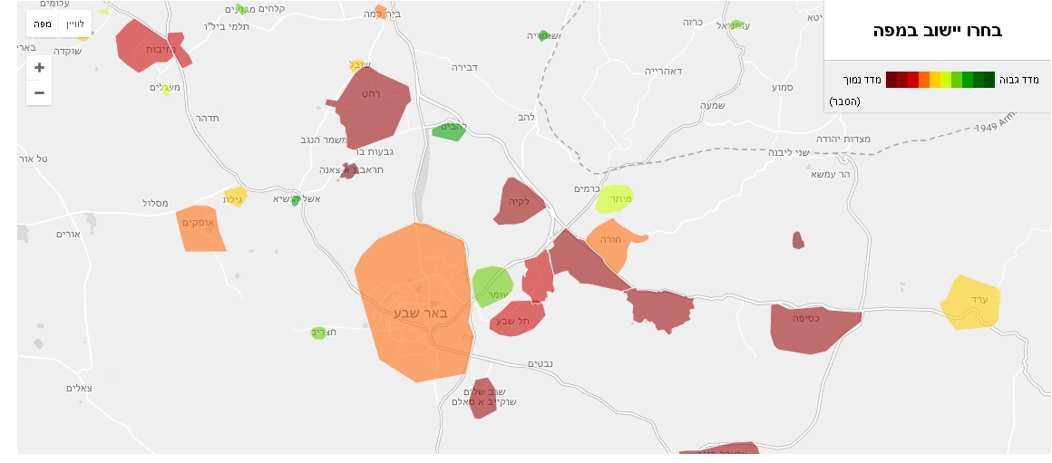 תוצאות המיצ''ב בנגב, פערים ברורים בין ישובים מבוססים ללא מבוססים (צילום מסך מתוך אתר מדל''ן)